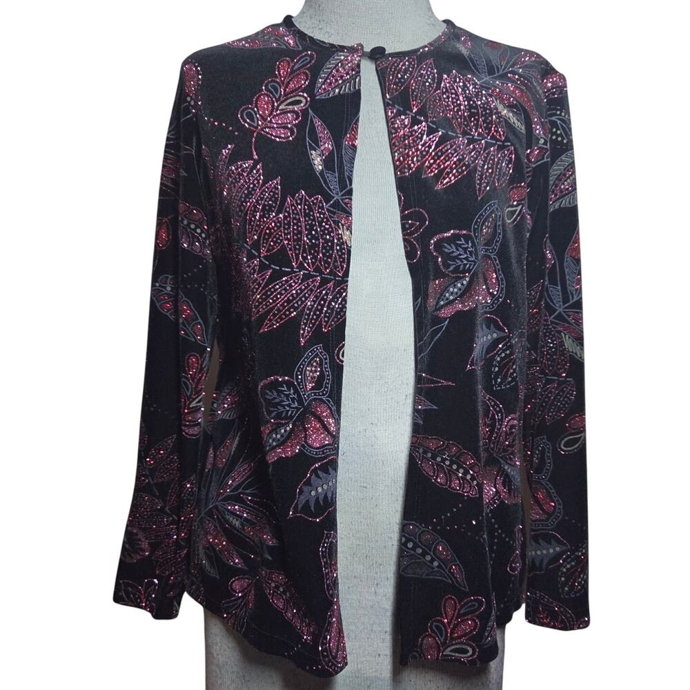 Velvet Glitter Pasley Patterned Open Front Blazer Jacket Size Small